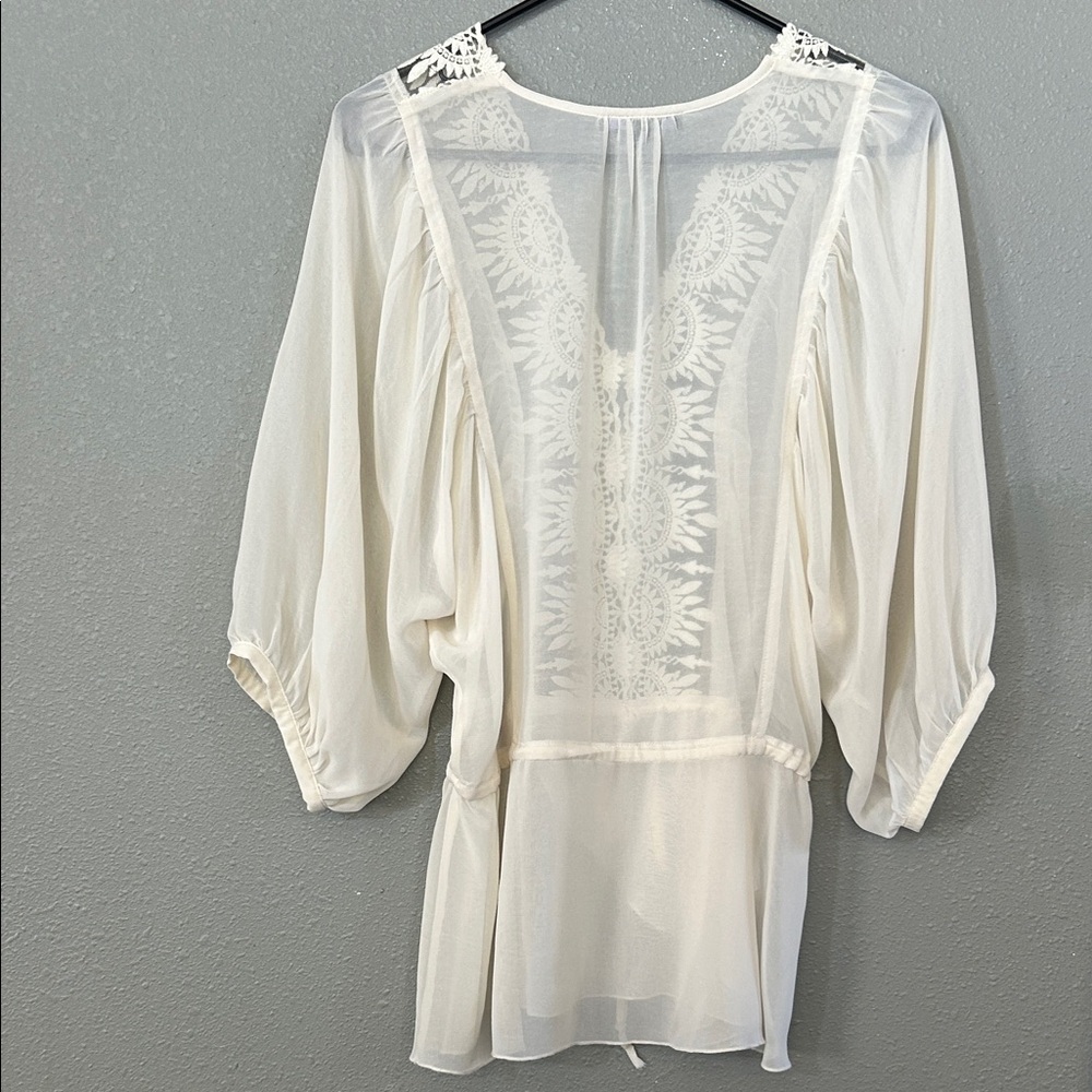 Sheer Embroidered V-Neck Tie-Waist Top - Ivory - Picture 8 of 10